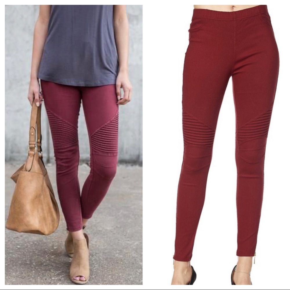 #12 Burgundy stretch Motto jeggings with zipper Trim - Picture 2 of 6